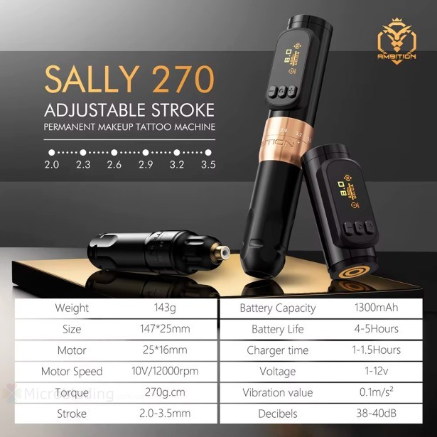 Беспроводная тату машинка Ambition Sally 270 PMU Tattoo Machine (gold)